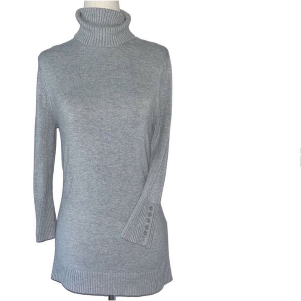 EXPRESS WOMENS 3/4 SLEEVE TURTLENECK SWEATER | GREY | BUTTON SLEEVE | SMALL
